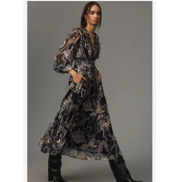 NEW Printer Johnson Long-Sleeve V-Neck Textured Midi Dress - Picture 1 of 9